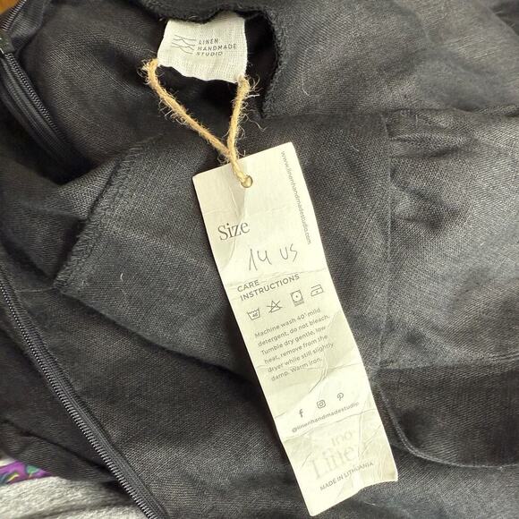 Linen Handmade Studio 100% Linen Midi Dress Size 14 Deep V Neck Sicily Black NWT - Picture 9 of 9